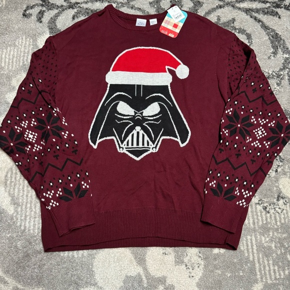 Men’s Disney 100 Star Wars Darth Vader Santa Hat Maroon Ugly Christmas Sweater - Picture 2 of 4